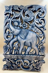 Thai Art Carved Wooden wall hanging Wood Elephant 18” x 12” - Picture 1 of 12
