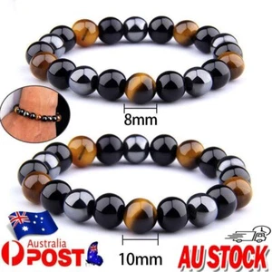 Unisex Obsidian Tiger Eye Hematite Bracelet Triple Protection Stone AU Stock OD - Picture 1 of 14