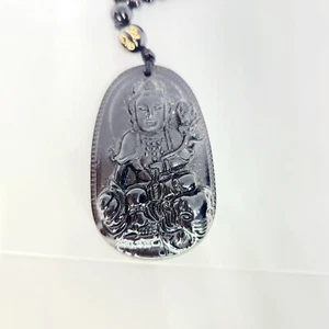 Buddhism Genuine Black Obsidian Carved Buddha Lucky Amulet Pendant Bead Necklace - Picture 1 of 6