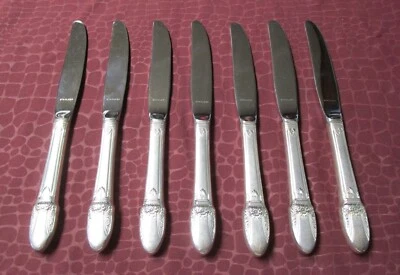 FIRST LOVE 7 Hollow Handle Breakfast Knives Silverplate Minty 1937            bu - Image 1 of 4