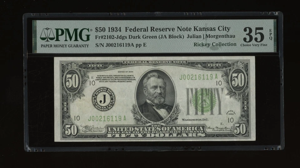 DBR 1934 $50 DGS FRN Kansas City Fr. 2102-Jdgs PMG 35 EPQ Serial J00216119A - Image 1 of 2