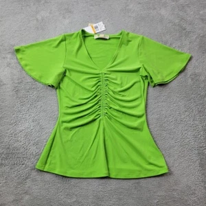 Michael Kors Blouse Top Womens Small Green Ruched Flutter Sleeve Jersey Stretch - Picture 1 of 11