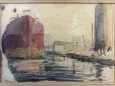 🔥 Vintage Old 1930s Milwaukee WPA Nautical REGIONALISM Coal Boat SHIP Painting - Image 1 of 4
