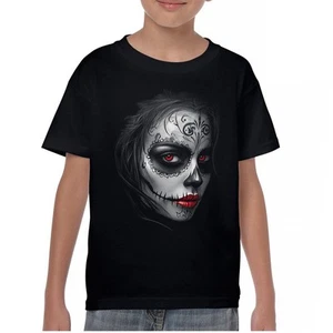 Sugar Skull Portrait Youth T-shirt Gothic Beauty Red Lips Day of the Dead Kids - Picture 1 of 50