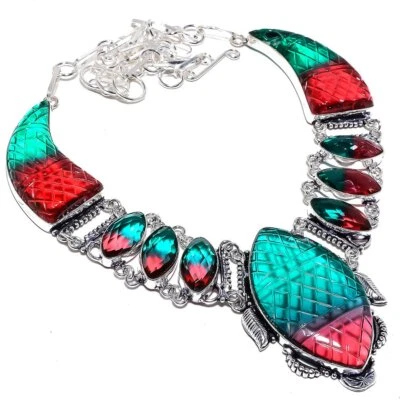 Carved Bi-Color Tourmaline Gemstone 925 Sterling Silver Necklace 18" v811 - Image 1 of 4