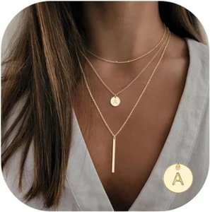 Gold Initial Layered Necklaces for Women, 14K Gold Plated Coin Letter Necklace - Picture 1 of 7