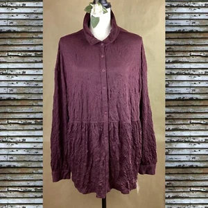 Frye & Co Women’s Crinkled Knit Top Babydoll Button Blouse Plum Size XXL New! - Picture 1 of 6
