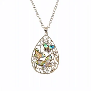 Large teardrop butterfly pendant necklace with scroll designs New - Picture 1 of 8