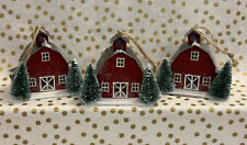 Red Barn Christmas Ornament Putz Style Cardboard Glitter w/ Sisal Tree NEW Set