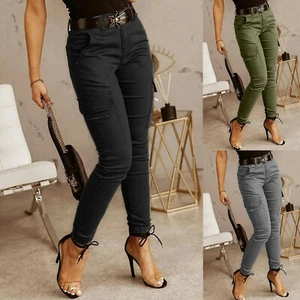 Womens Casual Solid Color Zipper Pocket Design Cargo Pants Minimalist Trousers - Picture 1 of 21