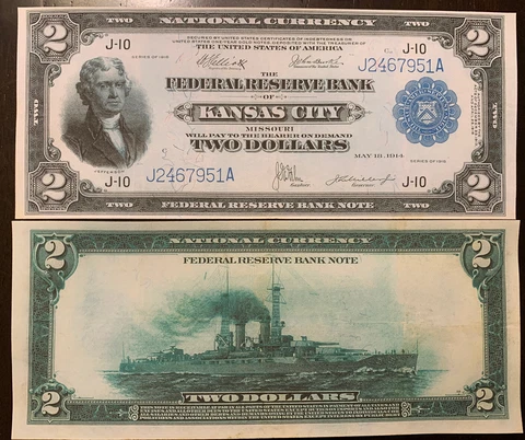 Reproduction $2 Federal Reserve Bank Note 1918 Kansas City Jefferson Battleship Cover