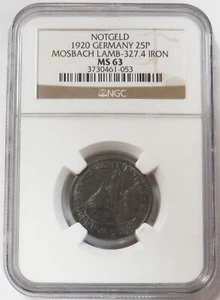 1920 GERMANY MOSBACH-LAMB 25 PFENNIG NOTGELD NGC MINT STATE 63 - Picture 1 of 4