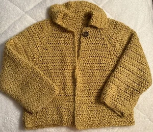 Vintage senfgelbe Häkel Strickjacke Boho Oma Chic 20" weicher Pullover - Bild 1 von 7