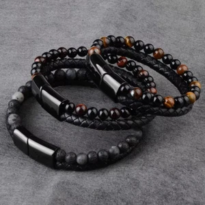 Fashion Men Stainless Steel Clasp Real Leather Wrist Cuff Double Layer Bangles - Picture 1 of 16