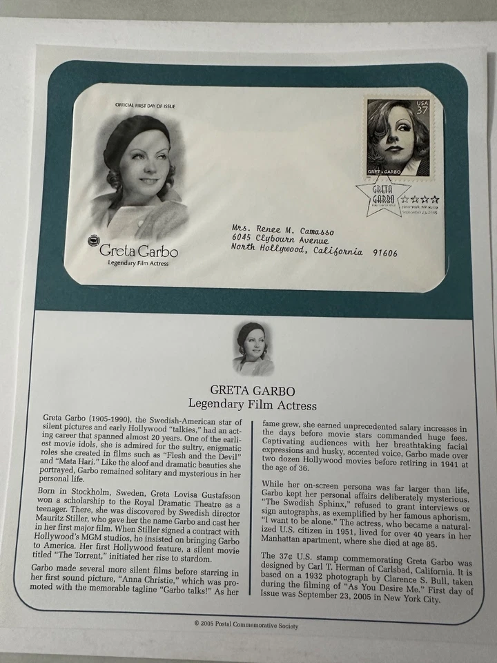 GRETA GARBO Legendary Actress Postal Commemorative Society FDC- Sept 23,  2005! - Image 1 of 4