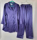 Oscar De La Renta Purple Satin 2 Piece Long Sleeve Pajama Set Women Size Medium