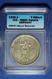 1925 A ICG MS60 Details Germany Rhineland 5 Reichmark Silver Coin #B49311 - Picture 1 of 2