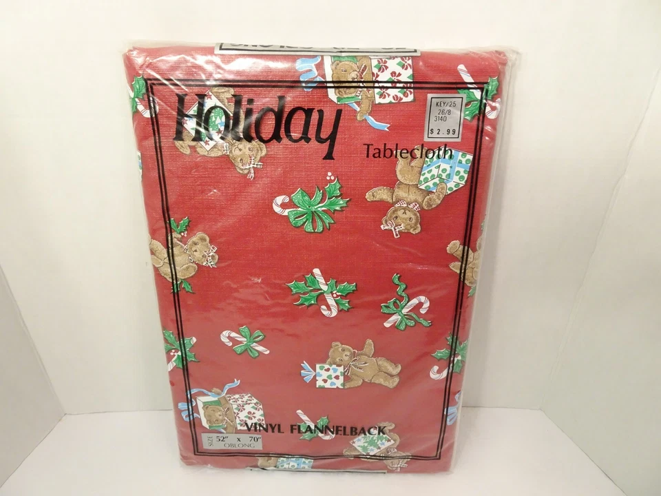 Holiday Vinyl Flannel Back Tablecloth Christmas 52x70 Vintage NEW Red Teddy Bear - Image 1 of 4