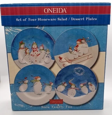 Set Of 4 Oneida Stoneware Snowman Salad Plates Snow Family Fun Dessert Plates - Image 1 of 4