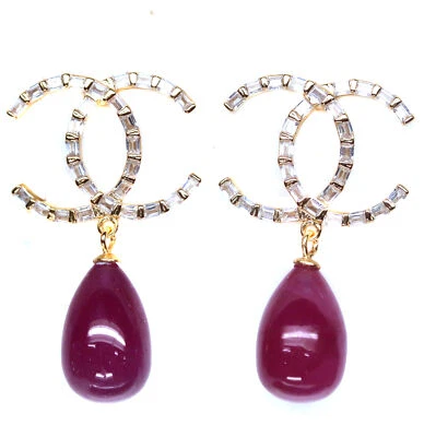 Heated 9 X 14 mm. Red Ruby & Cubic Zirconia Earrings Silver 925 Sterling - Image 1 of 4
