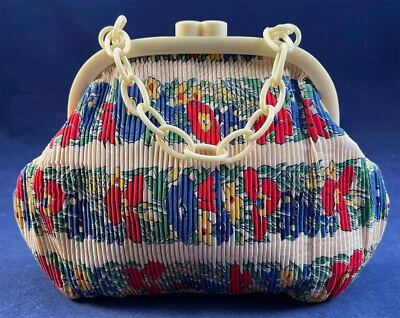 Винтажный 1930 плиссированные мака цветок печати шелк сумочки целлулоид цепочка ремень Дамская сумка - Изображение 1 из 4