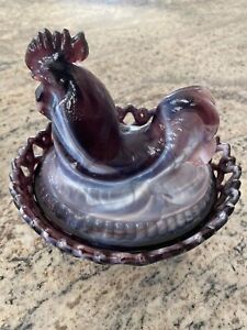 Vintage Imperial Purple Slag Glass Rooster Chicken On Nest Covered Candy Dish