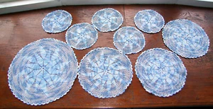 9x Vintage (1970s) BlueWhite Round Hand-crocheted Doilies/Mats. Crochet/Crafts - Picture 1 of 2