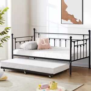Twin Size Daybed Metal Bed Frame Trundle Sofa Bed Steel Slat Support Headboard
