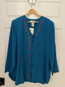 S.G. Sport Vintage Susan Graver New Blue Satin Feel Floral Embroidery Blouse XL - Picture 1 of 7