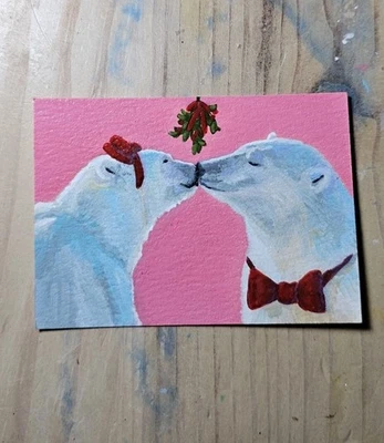 ACEO 原版艺术卡圣诞北极熊槲寄生 2.5x3.5 Sarah Hinzpeter — 第 1/2 张图片