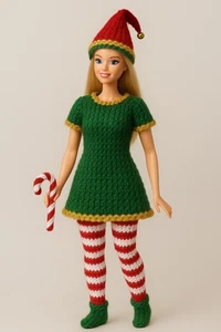 Knitting Pattern Only-  Barbie Christmas Festive Elf Dress Outfit Gown Hat - Picture 1 of 1