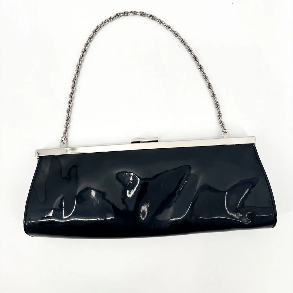 Ann Taylor Loft Black Patent Clutch Shoulder Bag Silver Chain Strap Glossy - Image 1 of 4
