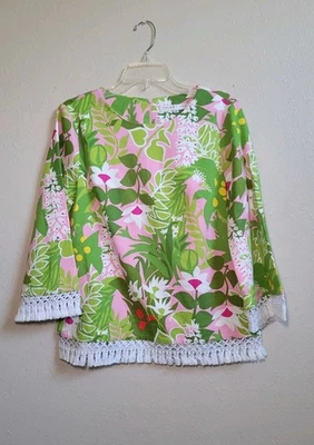 Trina Turk веточка верх в шоколад цветочный принт розовый зеленый с бахромой ретро размер 8 - Изображение 1 из 4