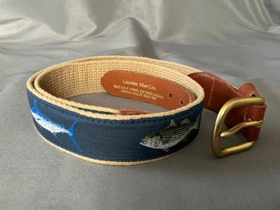 Leather Man LTD Canvas Saltwater Fish Belt Tan/Blue Mens 30 EXC USA Brass - Image 1 of 4