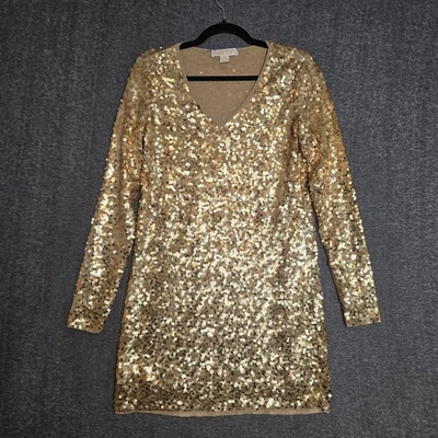 Vestido Michael Kors dourado lantejoulas manga longa algodão tamanho pequeno - Imagem 1 de 4