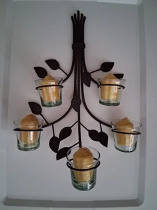 Metal Dk Brown Bronze Leaf Wall Sconce 5 Glass Tea Light/Votive holders+ candles - Picture 1 of 8