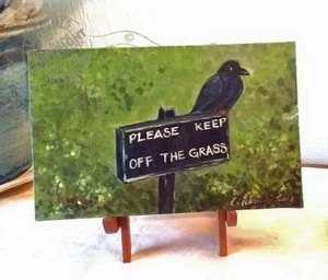 Black Bird Obeys Sign © 2018 C Peterson Oil Painting Peaceful Garden Landscape - Picture 1 of 12