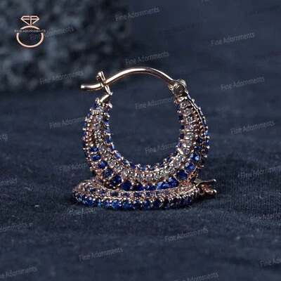Natural Blue Sapphire & Diamond Mini Hoop Earrings Solid 14k Rose Gold Hoop New - Image 1 of 4