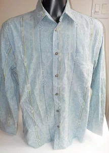 Acorn by Bob Goldfeder Striped/Floral Design LS Shirt Blues/ Green L Italy - Picture 1 of 4