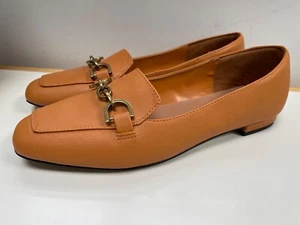 NEXT Ladies Tan Loafer Shoes UK 5.5 Slip On Flat Gold Metal Chain Comfort £34 - Picture 1 of 13