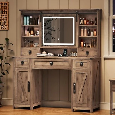 Farmhouse Vanity Table with Sliding Mirror, Large Makeup Desk & 5 Drawers, Oak