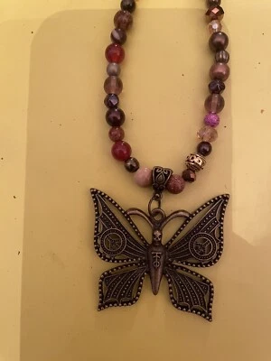 Collar Retro Vintage Bronce Filigrana Mariposa Colgante Jaspe Hematita Cristal Foto 1 de 4