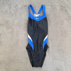 NWT Nike One Piece Black Blue Swimsuit NESS4038-494 Kid's Size 12 - Picture 1 of 6