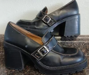 VTG Y2K No Boundaries Black Faux Leather Chunky Platform Mary Jane Heels-Sz 6 - Picture 1 of 9