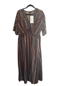 NWT BloomChic Dress Plus Size 18-20 Stripe V Neck Smocked Slit Blue Brown Rust - Picture 1 of 12