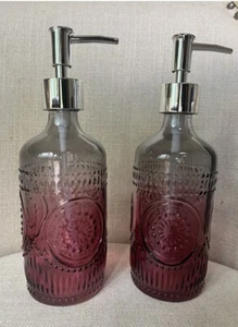 Glass Soap Dispensers with Pump Cranberry/Clear Glass Set Of 2 - Picture 1 of 10