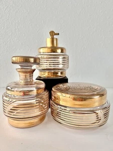ANTIQUE ART DECO ITALIAN* 3 PIECE CLEAR & GOLD SWIRL PATTERN GLASS VANITY SET - Picture 1 of 16