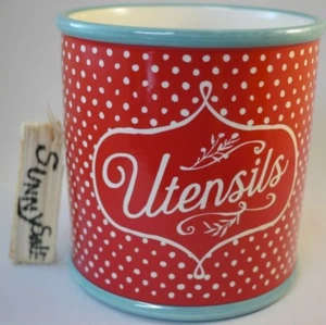 UTENSIL Holder THE PIONEER WOMAN STONEWARE Crock RED Polka Dot Farmhouse Retro - Picture 1 of 6