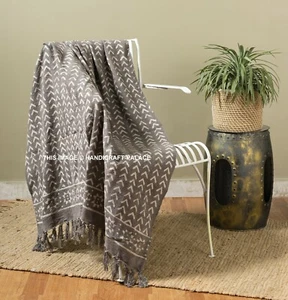 LARGE 100% Cotton Fringe Lounge Sofa Bed Throw Indian Hand Block Print Blanket - Picture 1 of 3