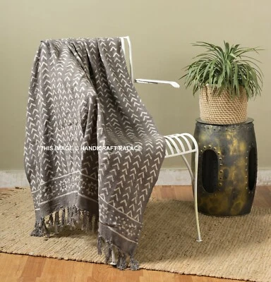LARGE 100% Cotton Fringe Lounge Sofa Bed Throw Indian Hand Block Print Blanket - Image 1 of 3